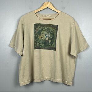 Blue Fish khaki 100% organic cotton globe print boxy t-shirt, OS.